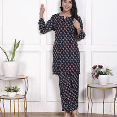 Miramaar Women's Navy Blue Printed Rayon Coord Set