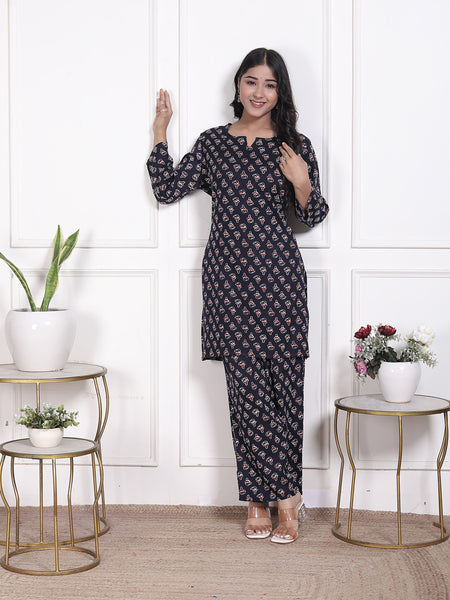 Miramaar Women's Navy Blue Printed Rayon Coord Set