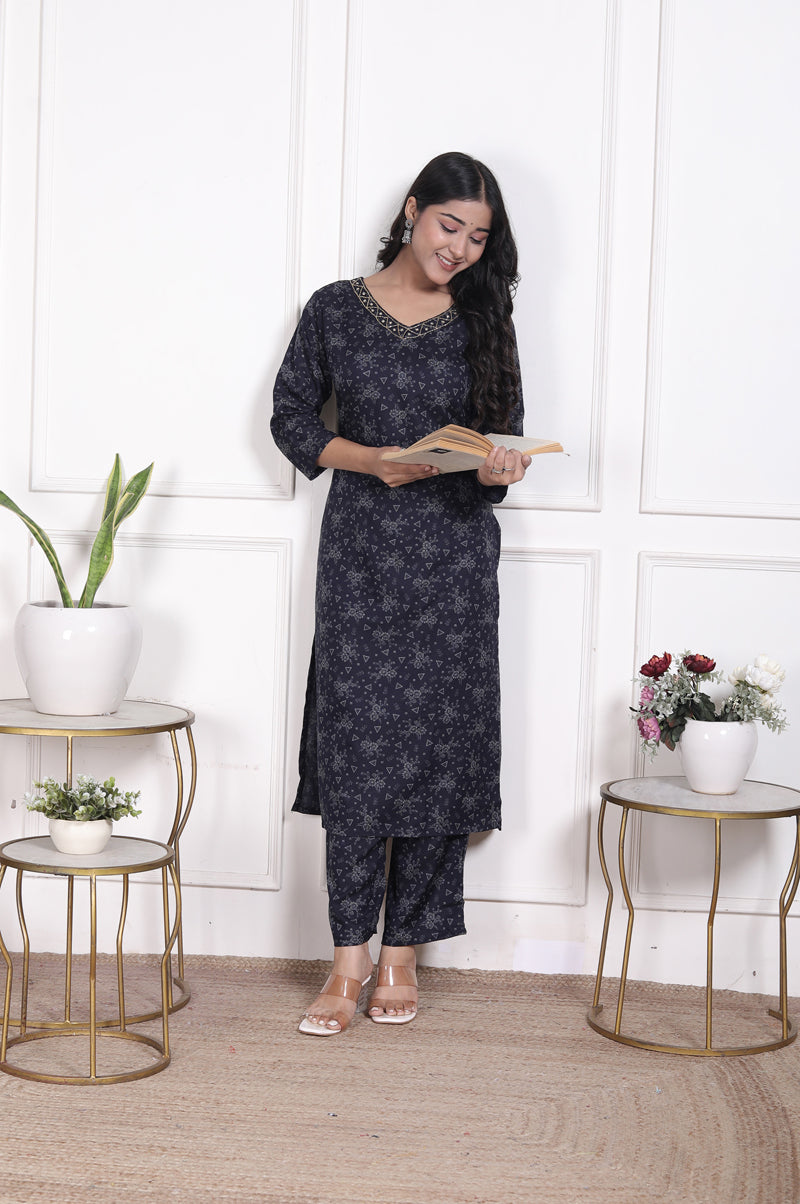 Miramaar Women's Black Cotton Poly Straight Kurta Set with Dupatta & Adda Work