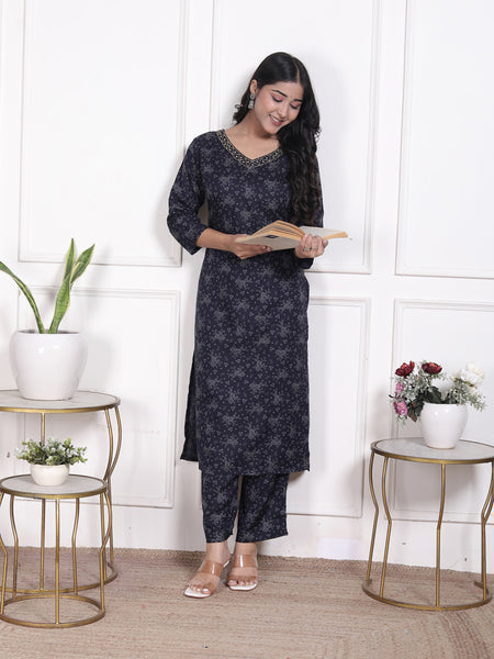 Miramaar Women's Black Cotton Poly Straight Kurta Set with Dupatta & Adda Work