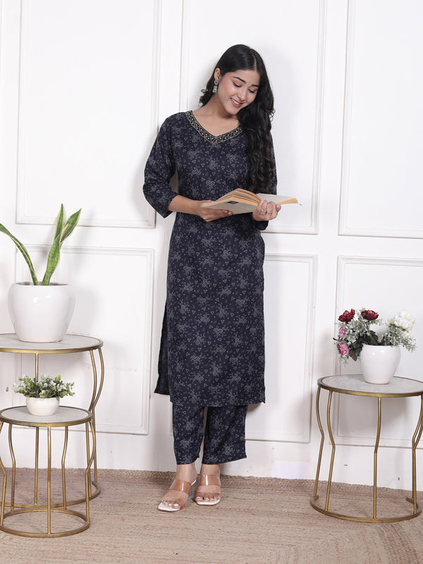 Miramaar Women's Black Cotton Poly Straight Kurta Set with Dupatta & Adda Work