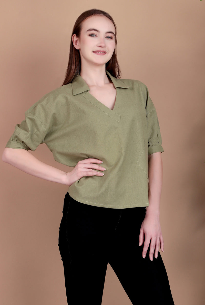 Miramaar Women's Cotton Flex Solid Green Regular Top