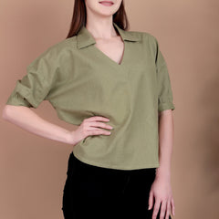 Miramaar Women's Cotton Flex Solid Green Regular Top
