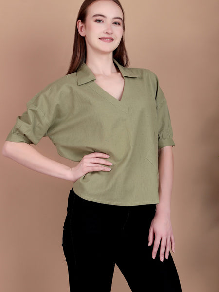 Miramaar Women's Cotton Flex Solid Green Regular Top