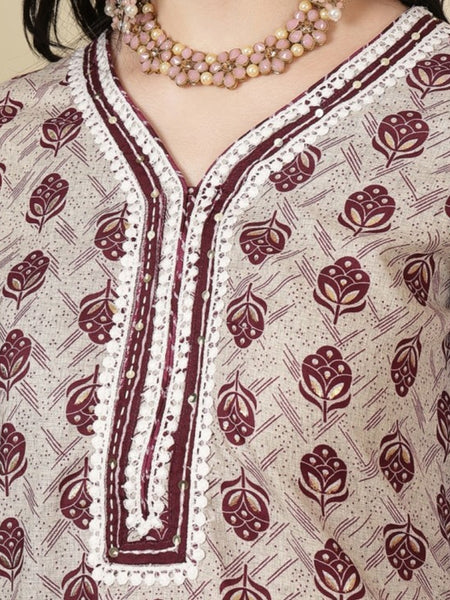 Miramaar Women's Purple Rayon Straight Lace Work Kurta Set with Dupatta