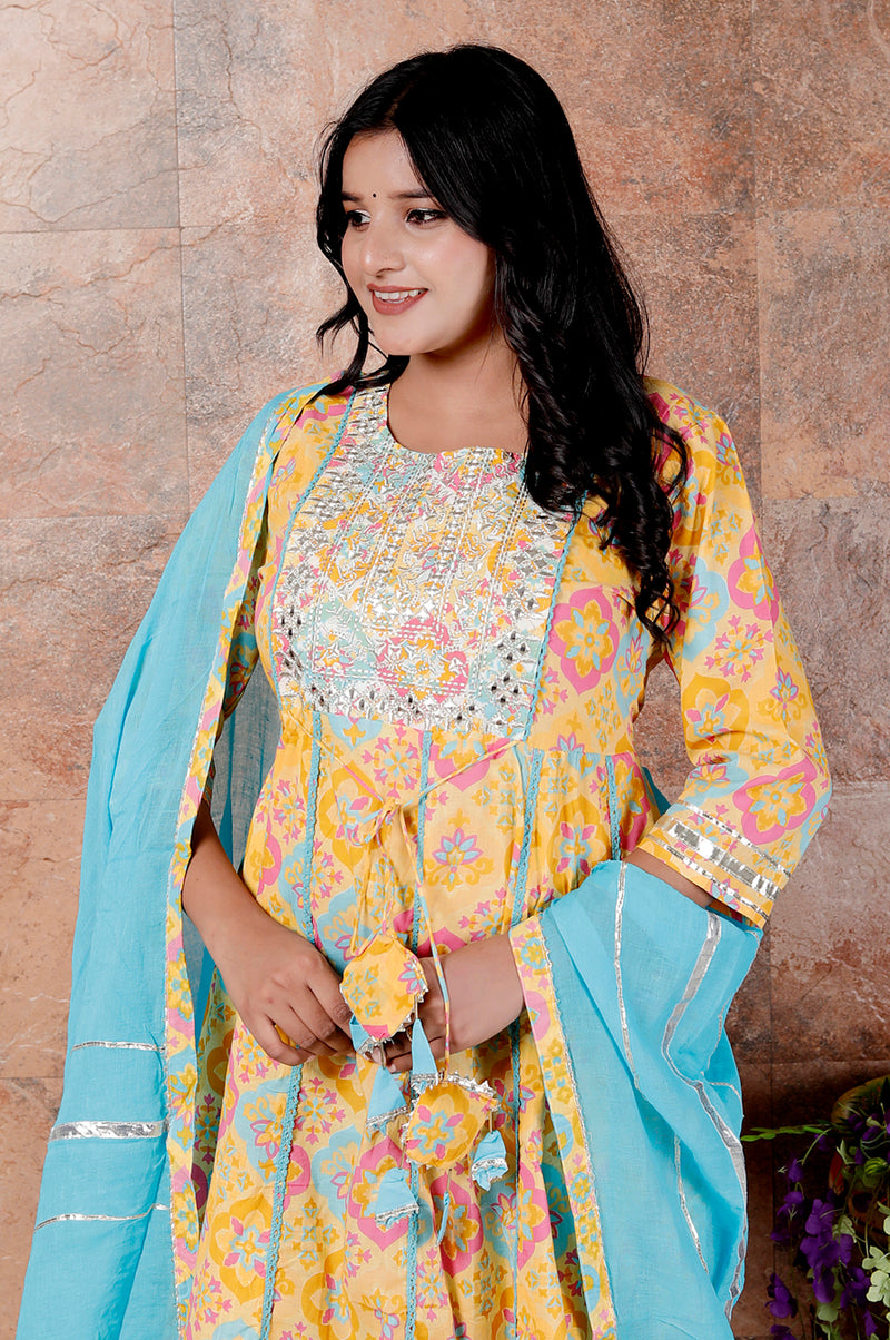 Miramaar Women's Yellow & Blue Cotton Anarkali Embroidered Kurta Pant with Dupatta