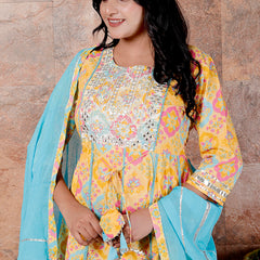 Miramaar Women's Yellow & Blue Cotton Anarkali Embroidered Kurta Pant with Dupatta