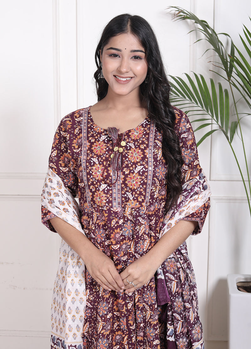 Miramaar Women's Purple Cotton Anarkali Adda Work Kurta Set