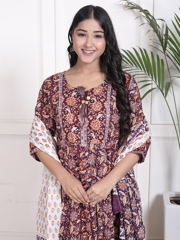 Miramaar Women's Purple Cotton Anarkali Adda Work Kurta Set