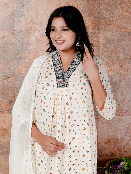 Miramaar Women's Off White Printed Cotton Straight Kurta Pant with Dupatta