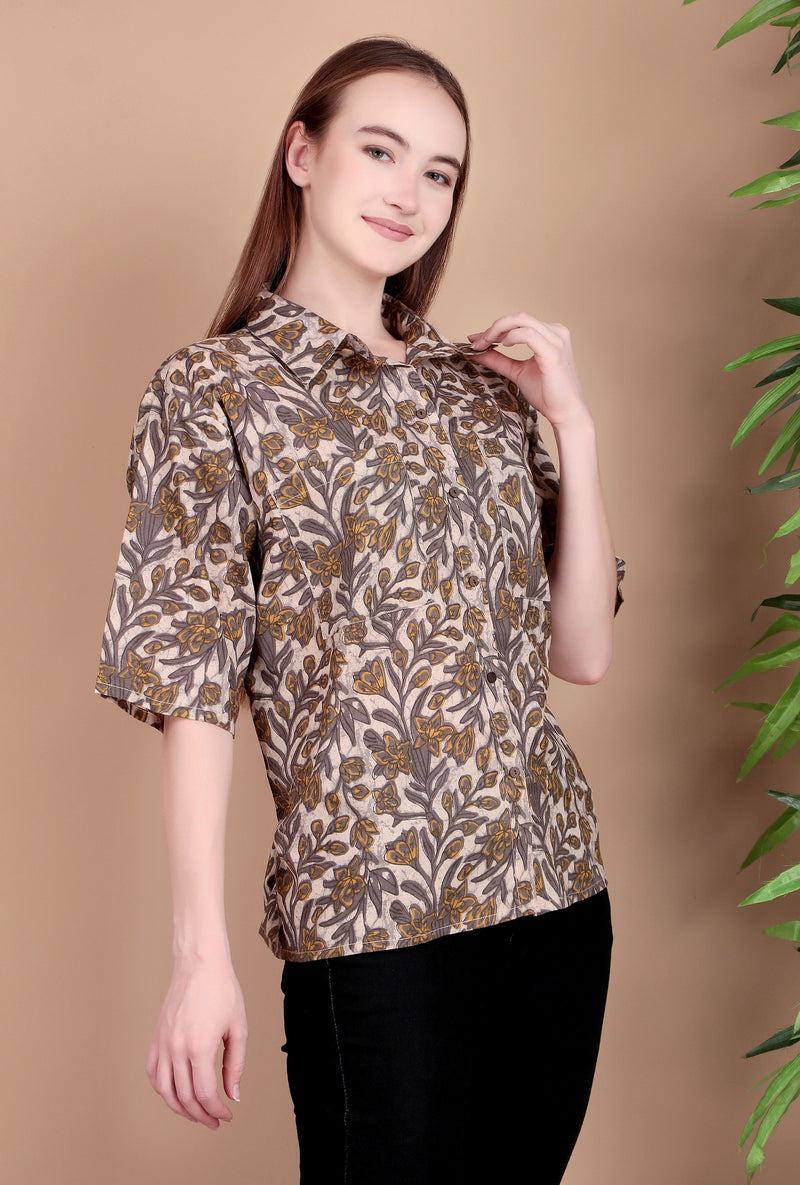 Miramaar Women's Cotton Spread Collar Beige Printed Top