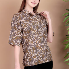 Miramaar Women's Cotton Spread Collar Beige Printed Top