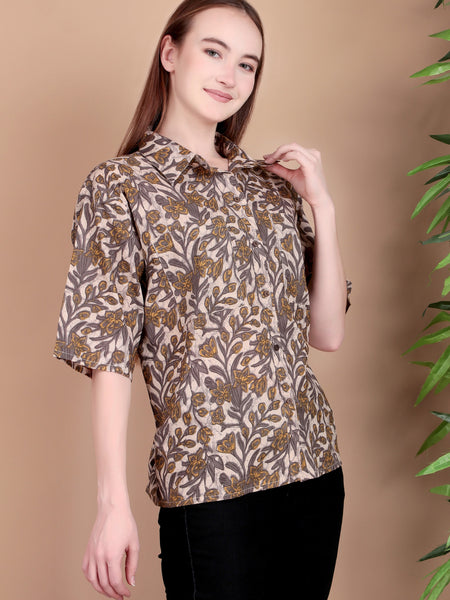 Miramaar Women's Cotton Spread Collar Beige Printed Top