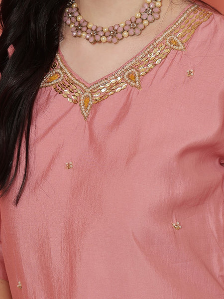 Miramaar Women's Pink Roman Silk Adda Work Straight Kurta Dupatta Set