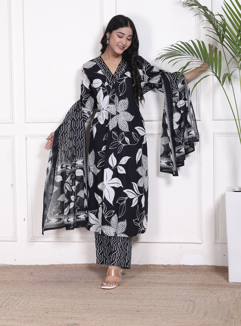 Miramaar Women's Black Cotton A-Line Kurta Set with Dupatta, Floral Print & Adda Work