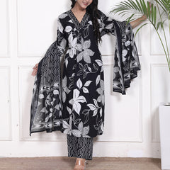 Miramaar Women's Black Cotton A-Line Kurta Set with Dupatta, Floral Print & Adda Work