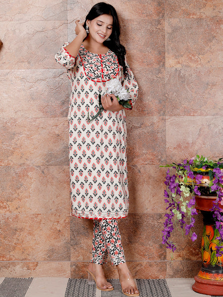 Miramaar Women's Off White Printed Straight Rayon Slub Kurta Pant Set