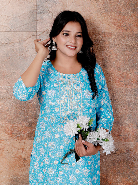 Miramaar Women's Light Blue Embroidered Straight Kurta Pant Set