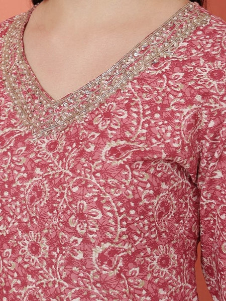 Miramaar Women's Pink Printed Straight V-Neck Kurta Set