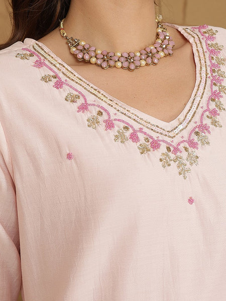 Miramaar Women's Pink Roman Silk Straight Kurta Set with Dupatta