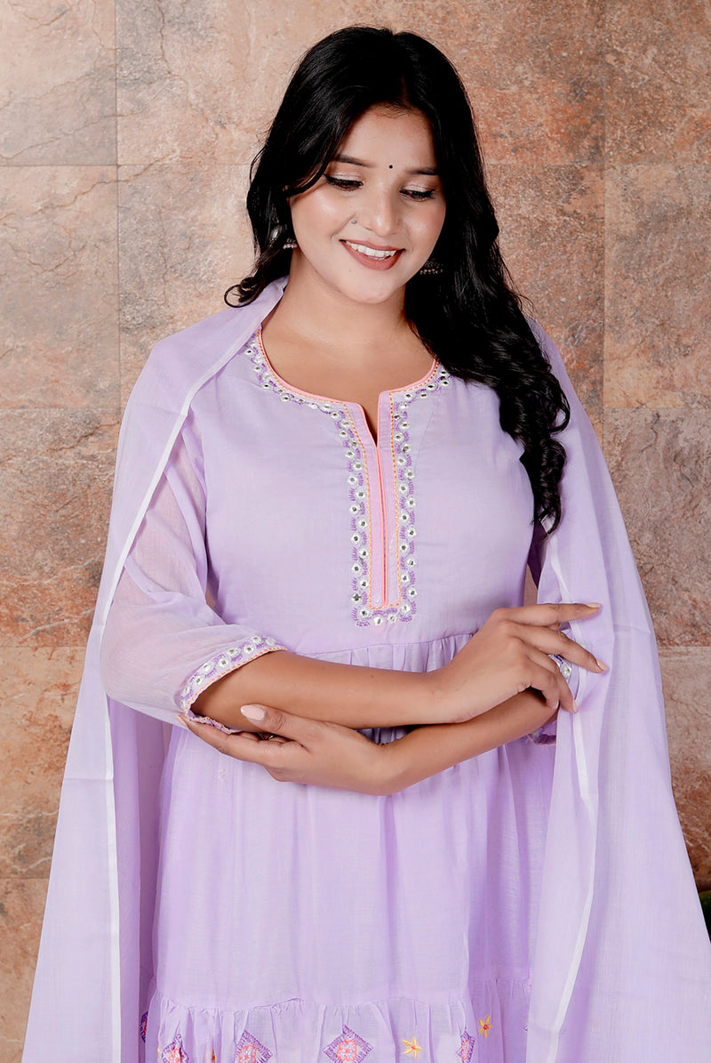 Miramaar Women's Purple Anarkali Embroidered Kurta Pant Dupatta Set