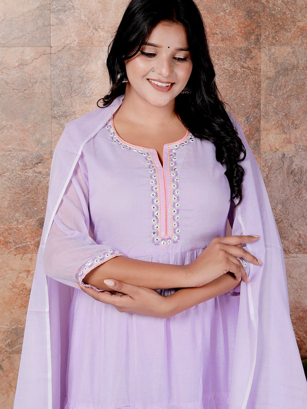 Miramaar Women's Purple Anarkali Embroidered Kurta Pant Dupatta Set