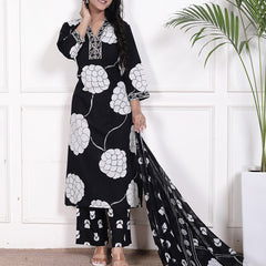Miramaar Women's Black Straight Printed Kurta Pant Dupatta Set