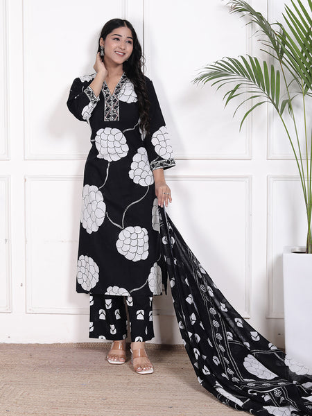 Miramaar Women's Black Straight Printed Kurta Pant Dupatta Set