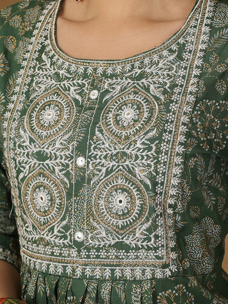 Miramaar Women's Green Rayon A-Line Kurta Set with Dupatta