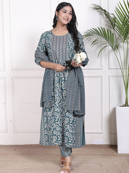 Miramaar Women's Green Printed Rayon A-line Embroidered Salwar Suit Set