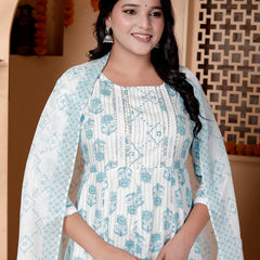 Miramaar Women's Off White & Blue Rayon Round Neck A-line Kurta Set with Dupatta