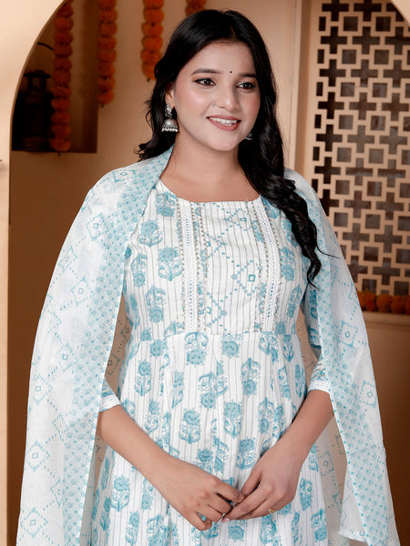 Miramaar Women's Off White & Blue Rayon Round Neck A-line Kurta Set with Dupatta
