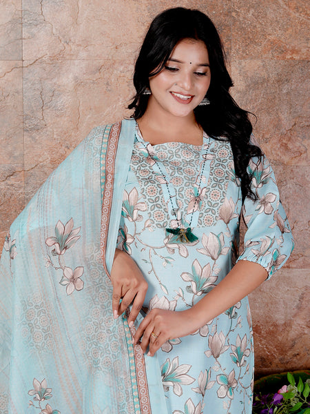 Miramaar Women's Green V-Neck Straight Linen Kurta Set with Dupataa