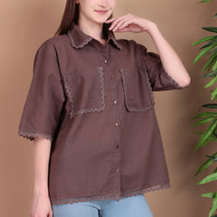 Miramaar Women's Cotton Flex Spread Collar Brown Solid Lace Work Top