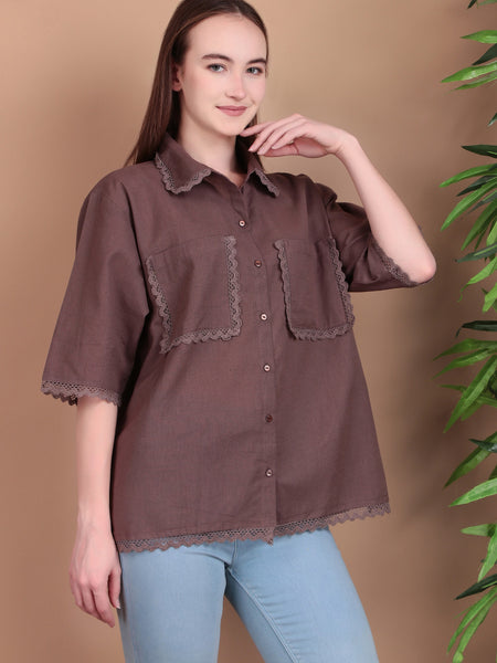 Miramaar Women's Cotton Flex Spread Collar Brown Solid Lace Work Top
