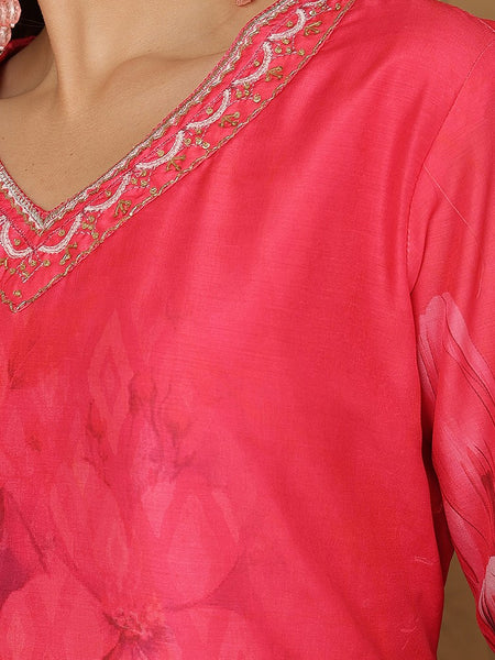 Miramaar Women's Coral Red Muslin Digital Print Kurta Set with Dupatta