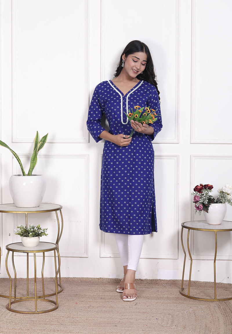 Miramaar Women's Blue Rayon Embroidered Kurtis