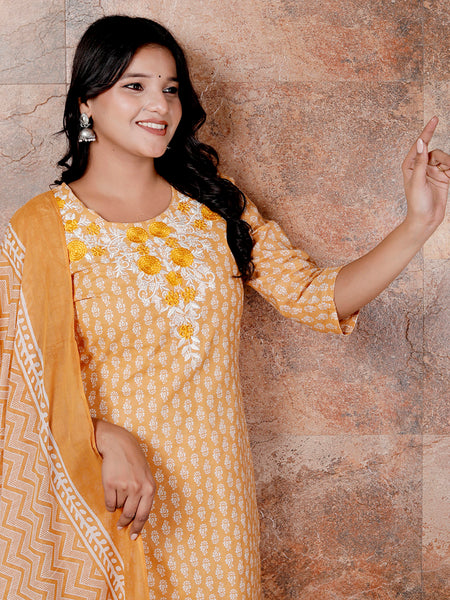 Miramaar Women's Mustard Cotton Straight Neck Embroidered Kurta Set with Dupatta