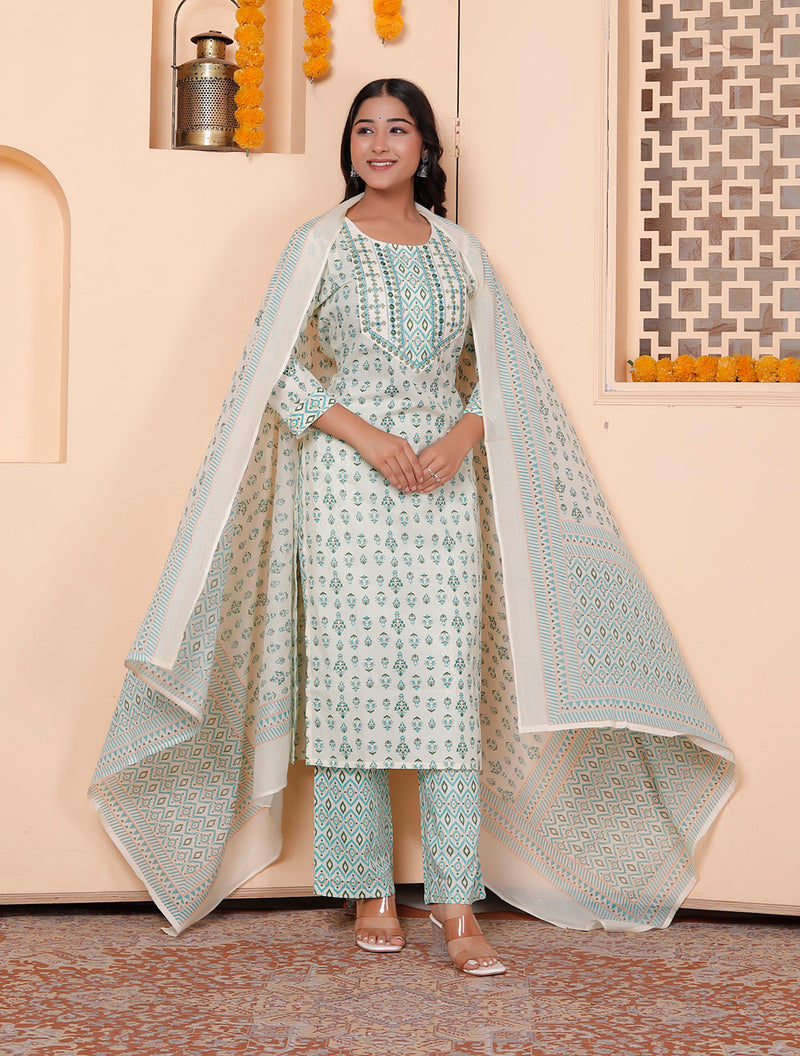 Miramaar Women's White & Green Round Neck Embroidered Straight Kurta Pant with Dupatta