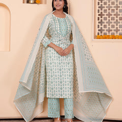 Miramaar Women's White & Green Round Neck Embroidered Straight Kurta Pant with Dupatta