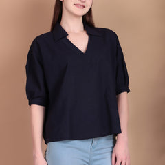 Miramaar Women's Cotton Flex Solid Blue Regular Top