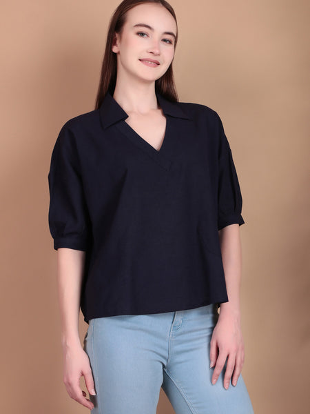 Miramaar Women's Cotton Flex Solid Blue Regular Top