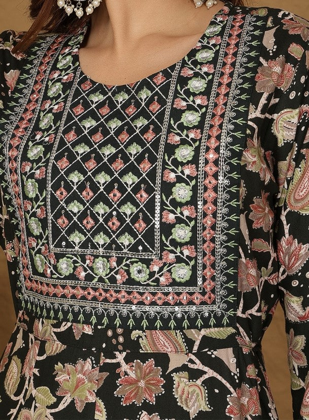 Miramaar Women's Black Rayon A-Line Embroidered Kurta Set