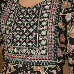 Miramaar Women's Black Rayon A-Line Embroidered Kurta Set