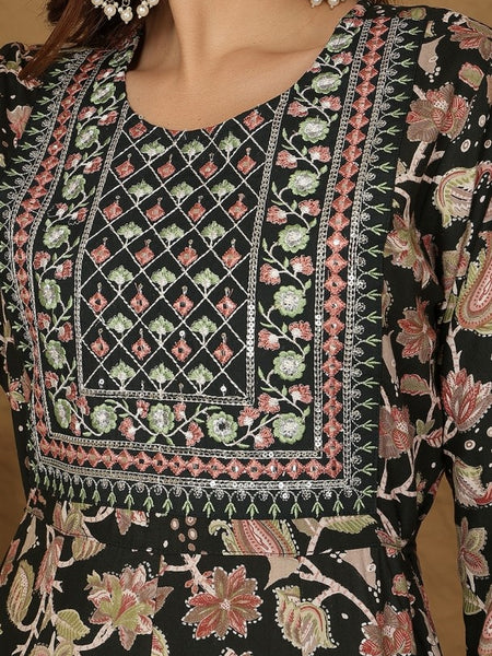 Miramaar Women's Black Rayon A-Line Embroidered Kurta Set