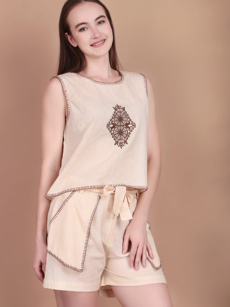 Miramaar Women's Off White Cotton Flex Top & Shorts Co-ord Set