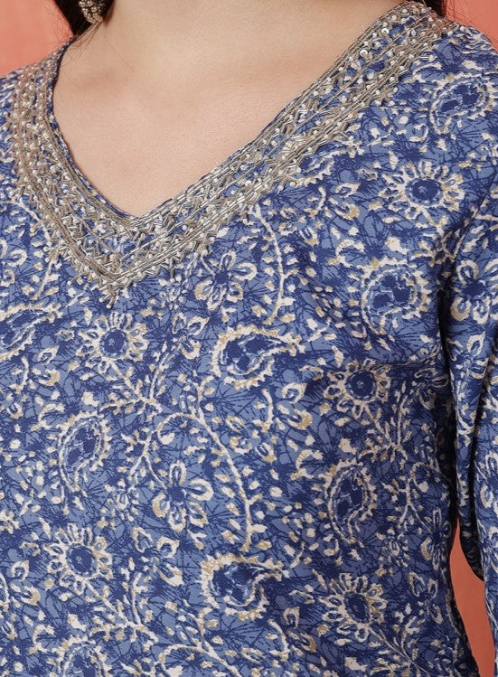 Miramaar Women's Blue Printed Straight V-Neck Kurta Set