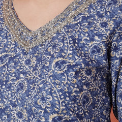 Miramaar Women's Blue Printed Straight V-Neck Kurta Set