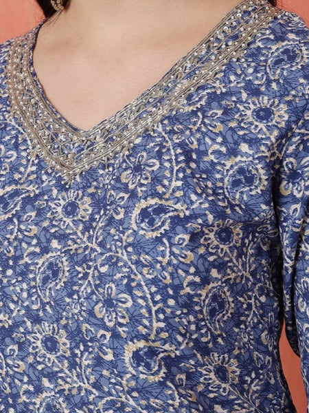 Miramaar Women's Blue Printed Straight V-Neck Kurta Set