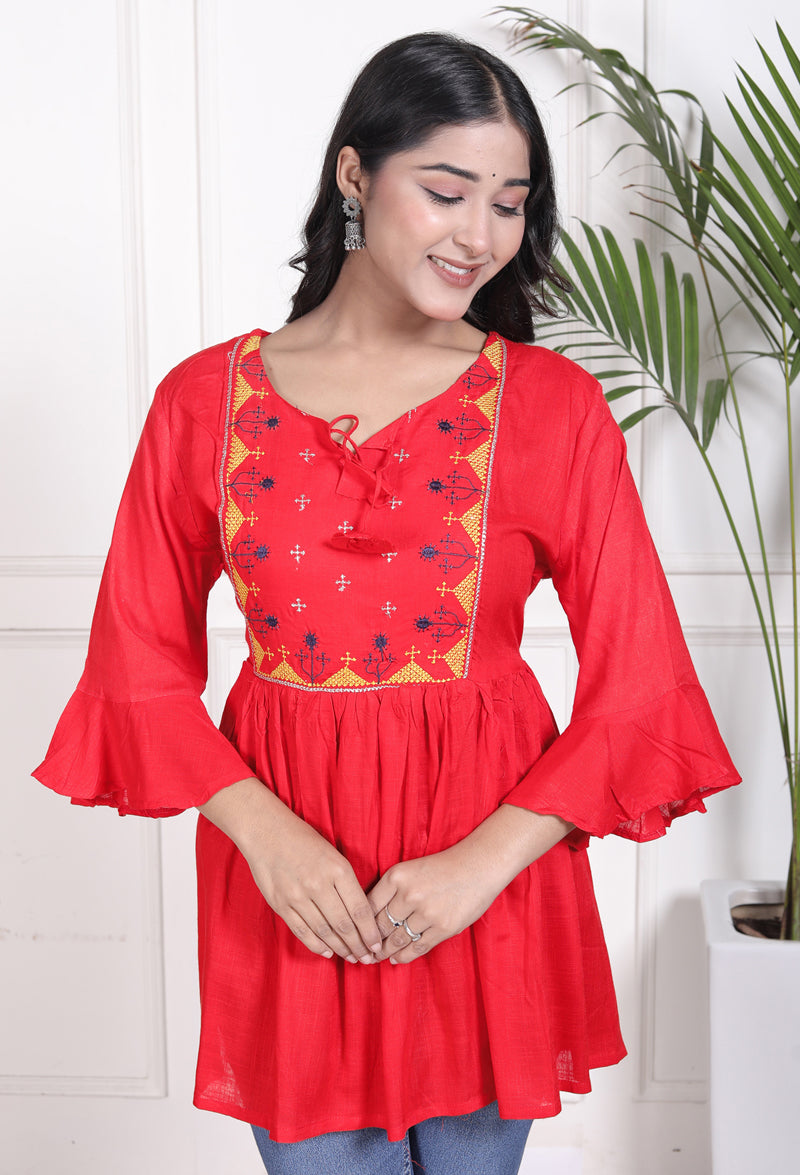 Miramaar Women's Rayon Embroidered Red Top